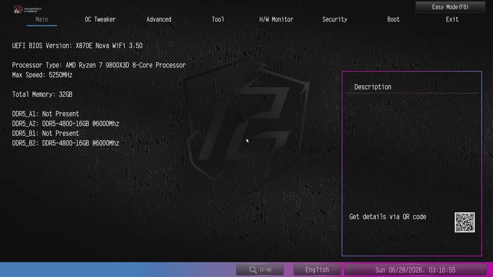 ASRock X870E Nova WiFi UEFI — loading XMP profile as memory tuning baseline.